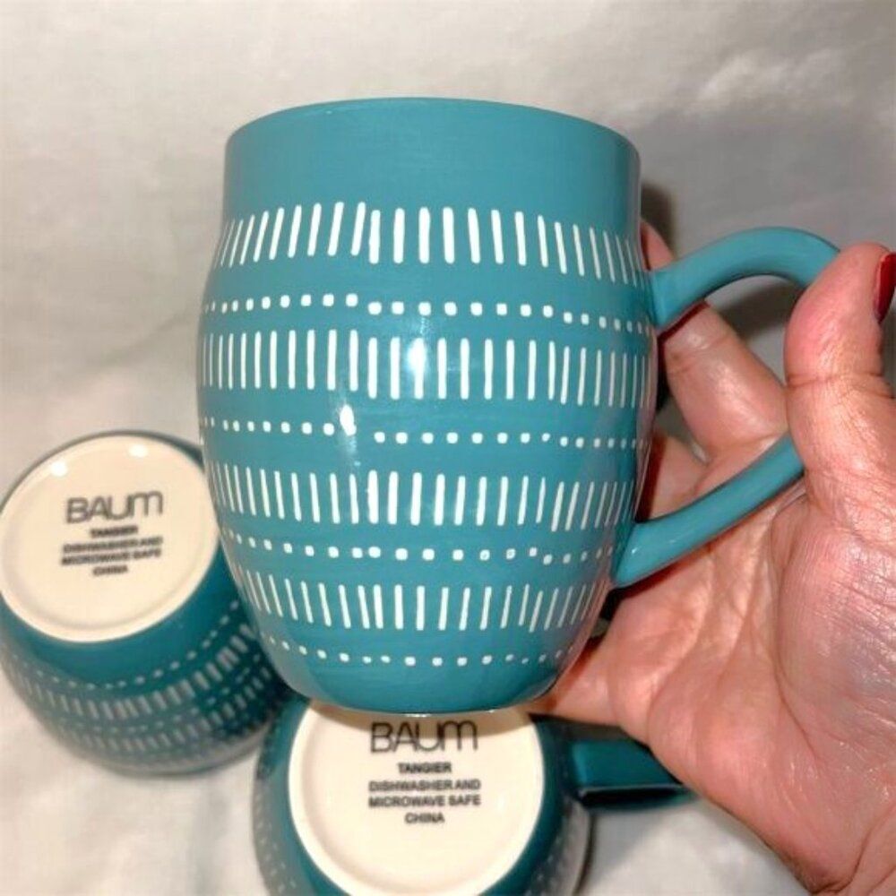 Baum Tangier Turquoise Teal Coffee Mugs Set of 4 Linear Dots Design - Picture 4 of 6